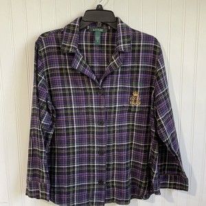 Lauren Ralph Lauren Pajama Top Womens XL Purple Flannel Plaid Button 100% Cotton